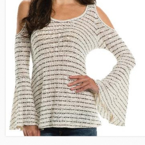 Off white w black stripes cold shoulder top, small - Picture 1 of 7